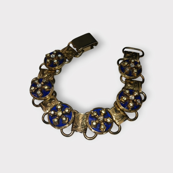 Vintage Silver Tone Bracelet Blue Enamel & Sky Blue-Green Rhinestones Elegant - Picture 4 of 12